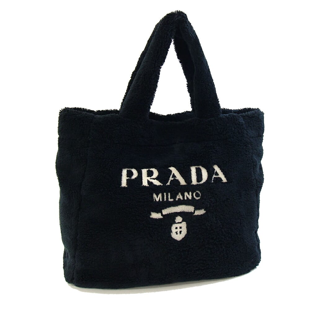 プラダ トートバッグ  テリー 1BG130 黒いこと 布切れ 中古 パイル地 肩かけ ラージ ロゴタイプ スプーニャ レディース PRADA