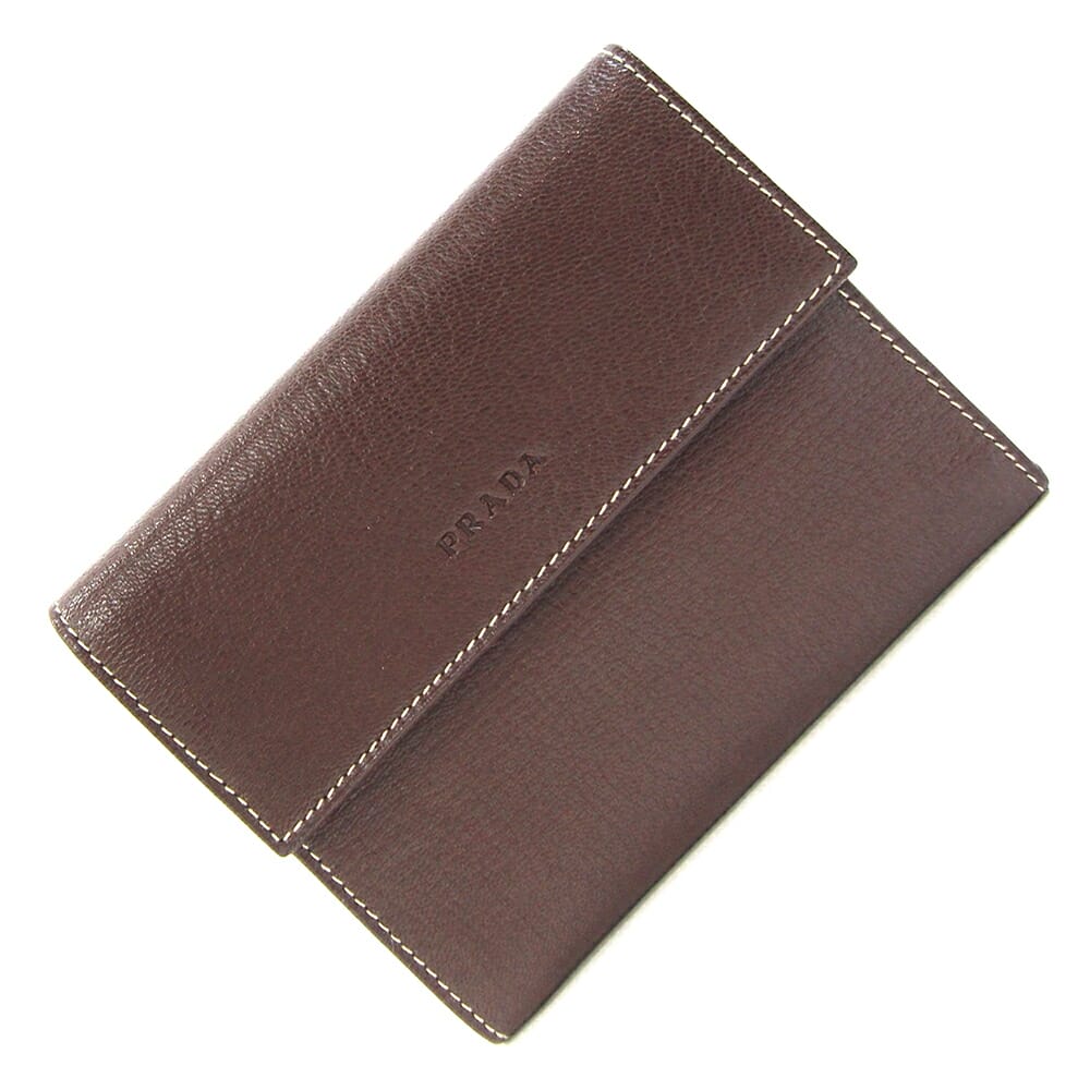 プラダ 三つ折り財布 M170X ダークブラウン レザー 中古 ロゴ コンパクトウォレット ヴィンテージ レディース PRADA|マダムブランド 店