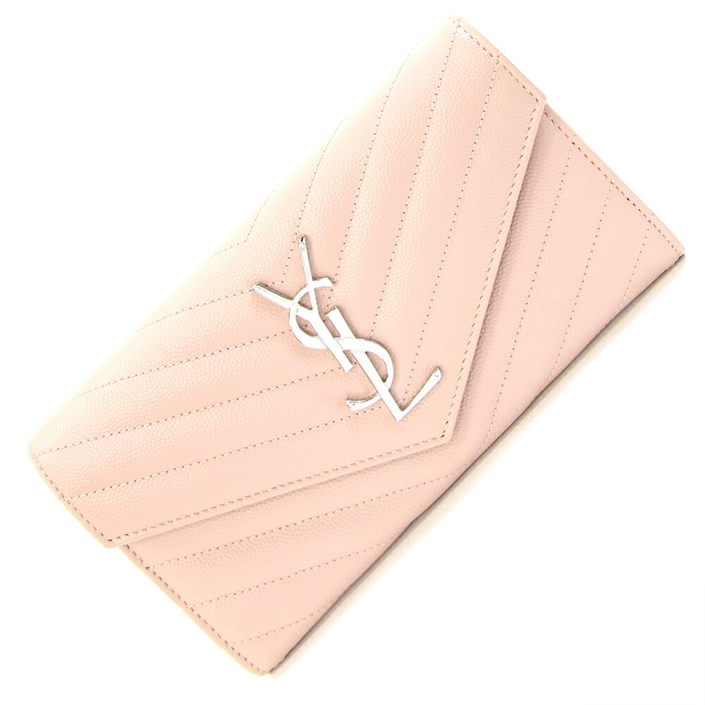 サンローラン 二つ折り長財布 カサンドラ 372264 ライトピンク レザー 中古 ロングウォレット YSL ロゴ キルティング レディース SAINT LAURENT｜マダムブランド 店