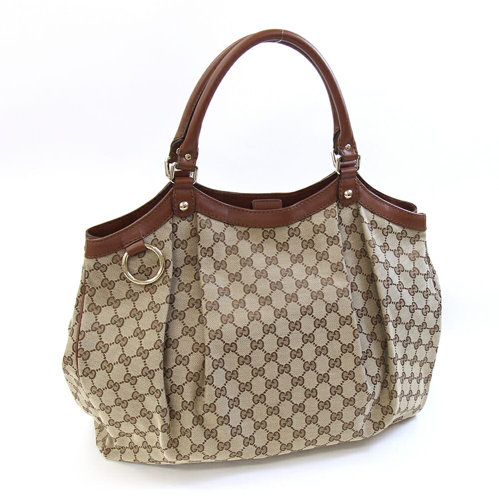 グッチ トートバッグ GG スーキー 211943 ベージュ ブラウン キャンバス レザー 中古 肩掛け ショルダー ロゴ レディース GUCCI|マダムブランド 店