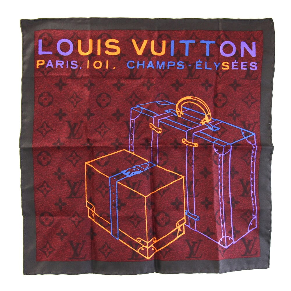 ルイヴィトン スカーフ PARIS,101,CHAMPS-ELYSEES ワインレッド マルチ シルク100% 中古 バンダナ ハンカチ ミニスカーフ シャンゼリゼ パリ ファッション レディース LOUIS VUITTON｜マダムブランド 店