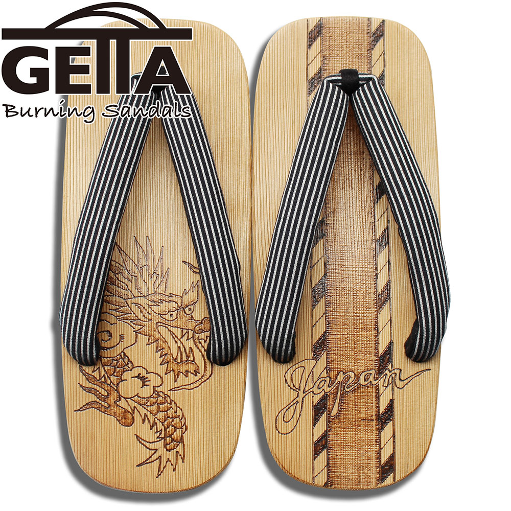 GETTA BURNING SANDALS（ゲッタバーニングサンダルス）SUKA-GETA SANDAL『DRAGON × JAPAN』Navy｜絵描き物 和風美術サボ サンダル｜ウッドバーニング焼き絵｜言い慣わし芸術｜生まれながら原材料の一点物｜日本製 木曽ねずこ当て嵌める｜お御祭り｜盆踊り