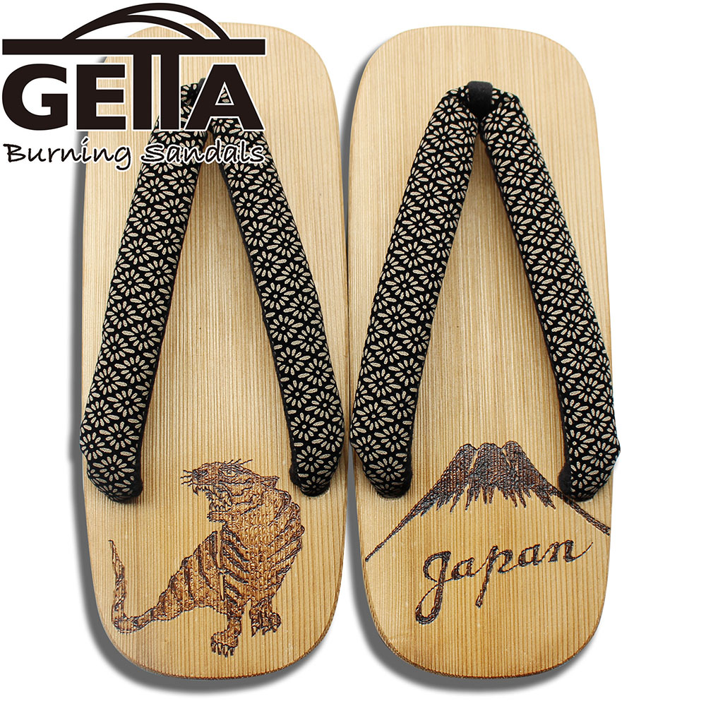 GETTA BURNING SANDALS（ゲッタバーニングサンダルス）SUKA-GETA SANDAL『ROARING TIGER × Mt. FUJI』Black｜絵描き物 和風美術サボ サンダル｜ウッドバーニング焼き絵｜言い慣わし芸術｜生まれながら原材料の一点物｜日本製 木曽ねずこ当て嵌める｜お御祭り｜盆踊り