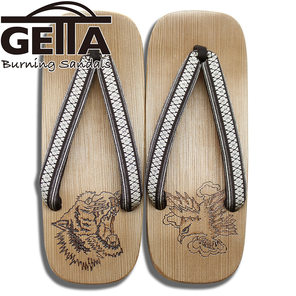 【馬鹿でかい大きさ！】GETTA BURNING SANDALS（ゲッタバーニングサンダルス）SUKA-GETA SANDAL『TIGER FACE × EAGLE』Black XL｜絵描き物 和風美術サボ サンダル｜ウッドバーニング焼き絵｜言い慣わし芸術｜生まれながら原材料の一点物｜日本製 木曽ねずこ当て嵌める｜お御祭り｜盆踊り