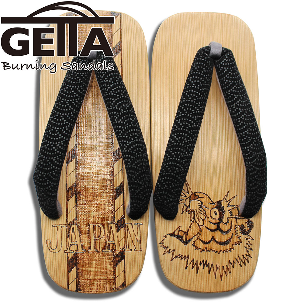 GETTA BURNING SANDALS（ゲッタバーニングサンダルス）SUKA-GETA SANDAL『JAPAN × TIGER FACE』Black L｜絵描き物 和風美術サボ サンダル｜ウッドバーニング焼き絵｜言い慣わし芸術｜生まれながら原材料の一点物｜日本製 木曽ねずこ当て嵌める｜お御祭り｜盆踊り