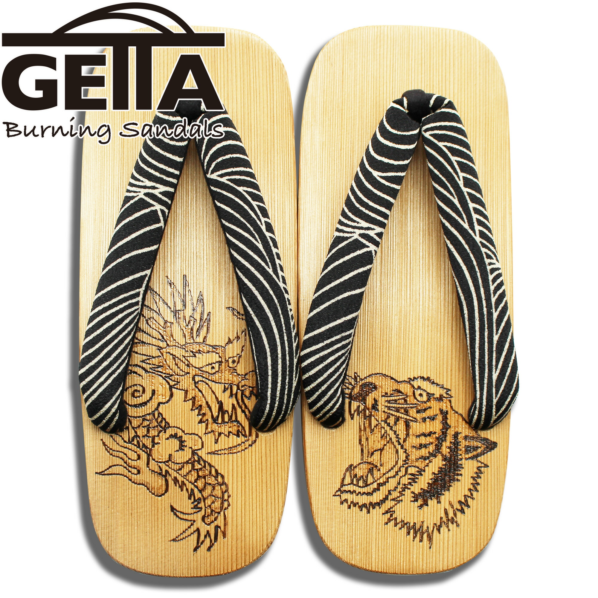 GETTA BURNING SANDALS（ゲッタバーニングサンダルス）SUKA-GETA SANDAL『DRAGON × TIGER FACE』Black L｜絵描き物 和風美術サボ サンダル｜ウッドバーニング焼き絵｜言い慣わし芸術｜生まれながら原材料の一点物｜日本製 木曽ねずこ当て嵌める｜お御祭り｜盆踊り