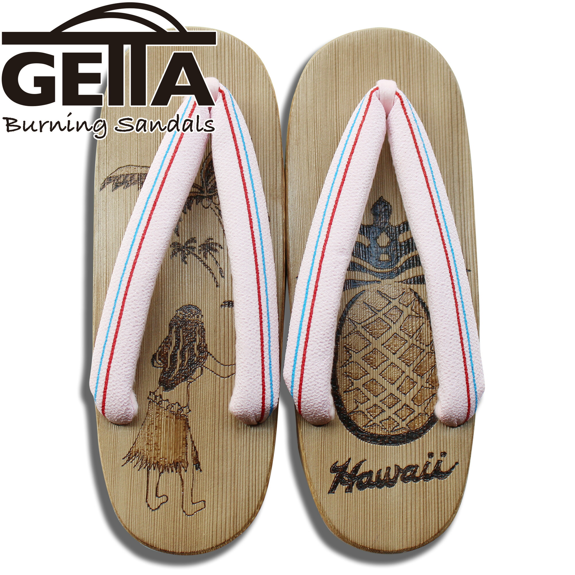 【レディース】GETTA BURNING SANDALS（ゲッタバーニングサンダルス）SUKA-GETA SANDAL Femme『HULA GIRL × PINEAPPLE』Pink S｜絵描き物 和風美術サボ サンダル｜ウッドバーニング焼き絵｜言い慣わし芸術｜生まれながら原材料の一点物｜日本製 木曽ねずこ当て嵌める｜お御祭り｜盆踊り