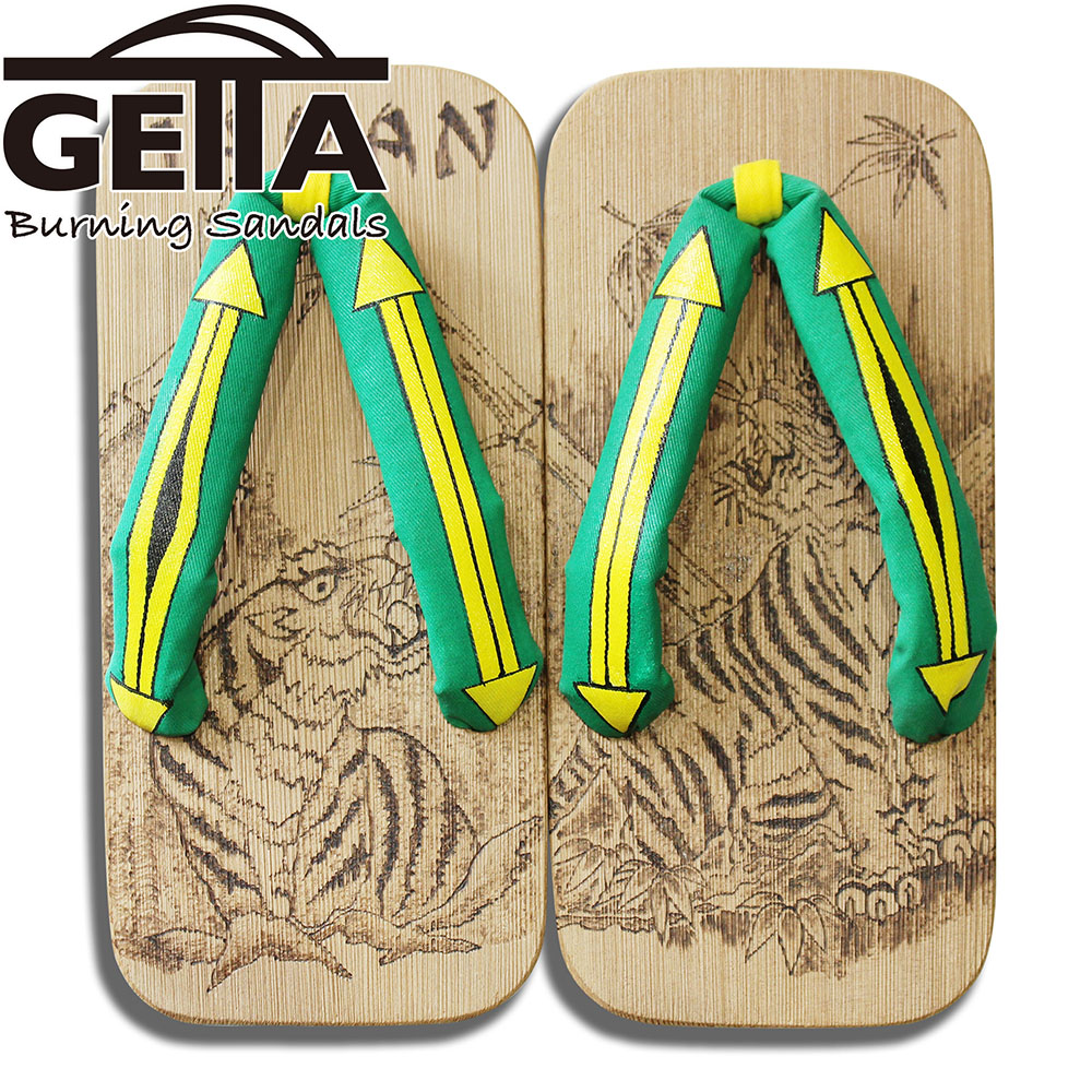 [2026SS新作!]GETTA BURNING SANDALS（ゲッタバーニングサンダルス）SUKA-GETA SANDAL Two-Tooth『BAMBOO TIGER/笹虎』Green L｜絵描き物 和風美術サボ サンダル｜ウッドバーニング焼き絵｜言い慣わし芸術｜生まれながら原材料の一点物｜日本製 木曽ねずこ当て嵌める｜お御祭り｜盆踊り