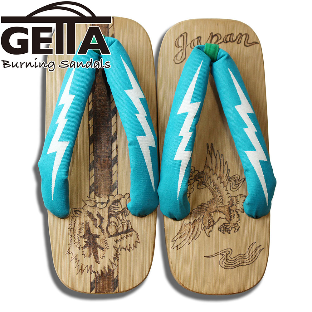 [2026SS新作!]GETTA BURNING SANDALS（ゲッタバーニングサンダルス）SUKA-GETA SANDAL『TIGER HEAD × EAGLE』L.Blue L｜絵描き物 和風美術サボ サンダル｜ウッドバーニング焼き絵｜言い慣わし芸術｜生まれながら原材料の一点物｜日本製 木曽ねずこ当て嵌める｜お御祭り｜盆踊り