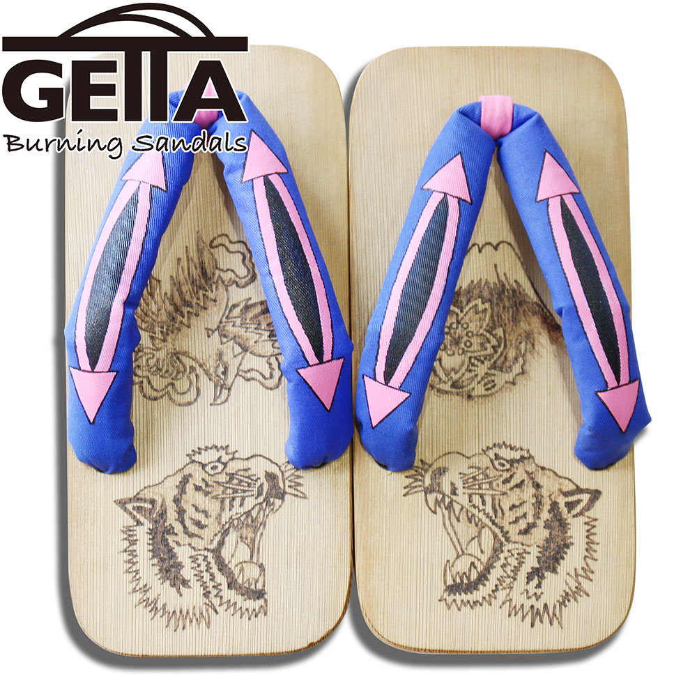 [2026SS新作!]GETTA BURNING SANDALS（ゲッタバーニングサンダルス）SUKA-GETA SANDAL Two-Tooth『TIGER FACE × EAGLE \u0026 Mt.FUJI』BLUE L｜絵描き物 和風美術サボ サンダル｜ウッドバーニング焼き絵｜言い慣わし芸術｜生まれながら原材料の一点物｜日本製 木曽ねずこ当て嵌める｜お御祭り｜盆踊り