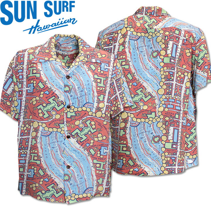 SUN SURF（サンサーフ）アロハシャツ HAWAIIAN SHIRT『WAIKIKI MAP』SS39424-165 Red｜50s復刻柄 メンズ 開襟シャツ｜ヴィンテージ風 ハワイアン レーヨンシャツ 半袖｜リゾートシャツ おしゃれ 夏コーデに｜送料無料｜mLAB店