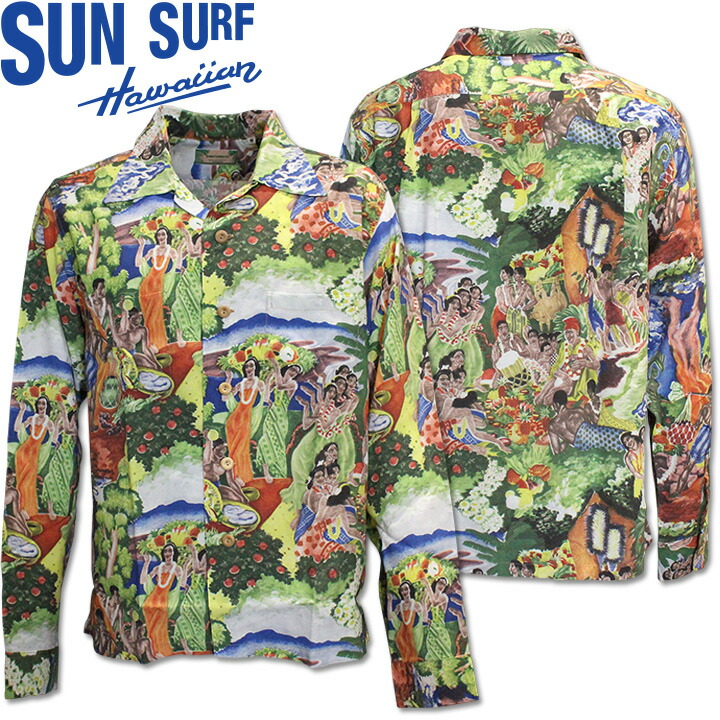 [2026SS新作!]SUN SURF（サンサーフ）アロハシャツ HAWAIIAN SHIRT『SPECIAL EDITION/ORIGINAL MATSON MENU DESIGN by EUGENE SAVAGE』SS29679-145 Green｜50s刷り直す柄 メンズ 開襟プルオーバー｜ヴィンテージ風 ハワイアン 人絹プルオーバー 長袖｜たまり場プルオーバー 今めかしい 夏コーデに