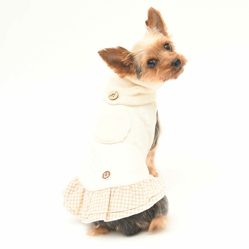 犬の服 ニットキルトネックウォーマー付ワンピース 7 9号 大型犬の洋服 きなり オフホワイト ブラウン 秋冬 ワンピース オーガニックコットンのドッグウエア 犬の服 日本製 オーガニックコットンのミュッター犬服 犬用品 ノースリーブ オーガニックコットン ドッグ