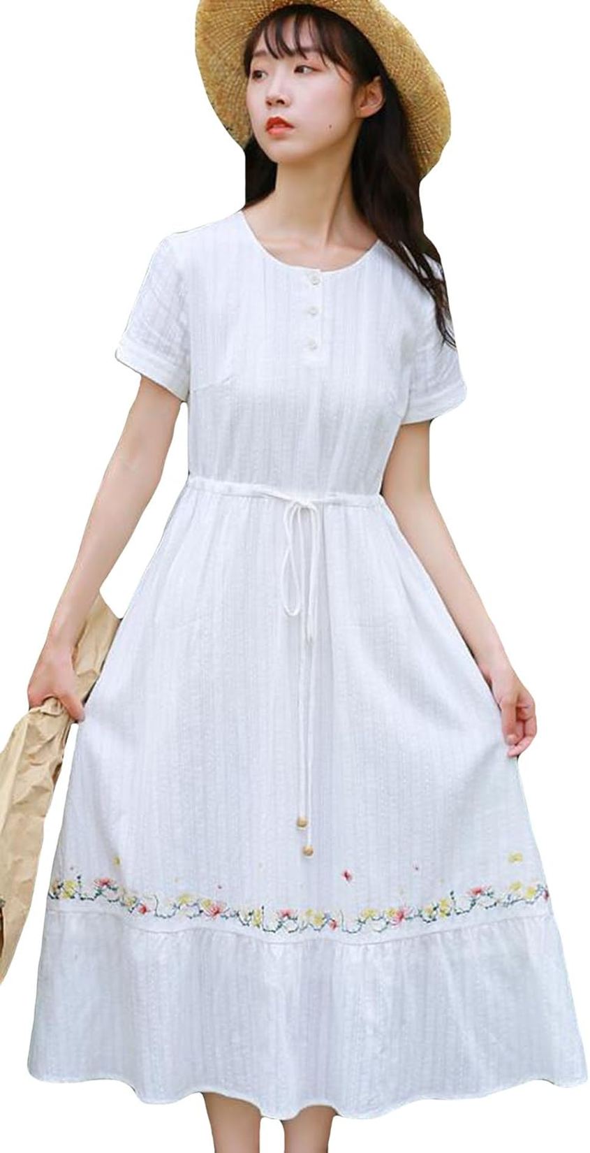 綿 ワンピース レディース 半袖 夏 ワンピース ロング丈 丸首 フリル 森ガール aライン シンプル ワンピ ドレス フォーマル おしゃれ ゆったり 刺繍 カジュアル 可愛い|M&ONE2024