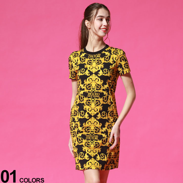 レディースファッション ワンピース 大人気新作 レディース ワンピースブランド Tシャツ 半袖 クルーネック バロックプリント ジーンズクチュール ヴェルサーチェ Couture Jeans Versace トップス Vcld2hwa401 半袖 クルー プリント 総柄 夏 春 シャツ ワンピ