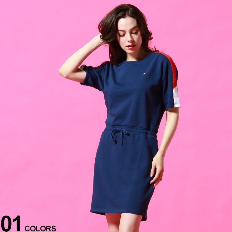 レディースファッション ワンピース ワンピースブランド 半袖 スウェット クルーネック ウエストコード 切り替え ヒルフィガー トミー Hilfiger Tommy レディース Tmltp187z 裏毛 丸首 クルー スポーツ スエット 夏 春 ワンピ ワンピース トップス 新しいブランド
