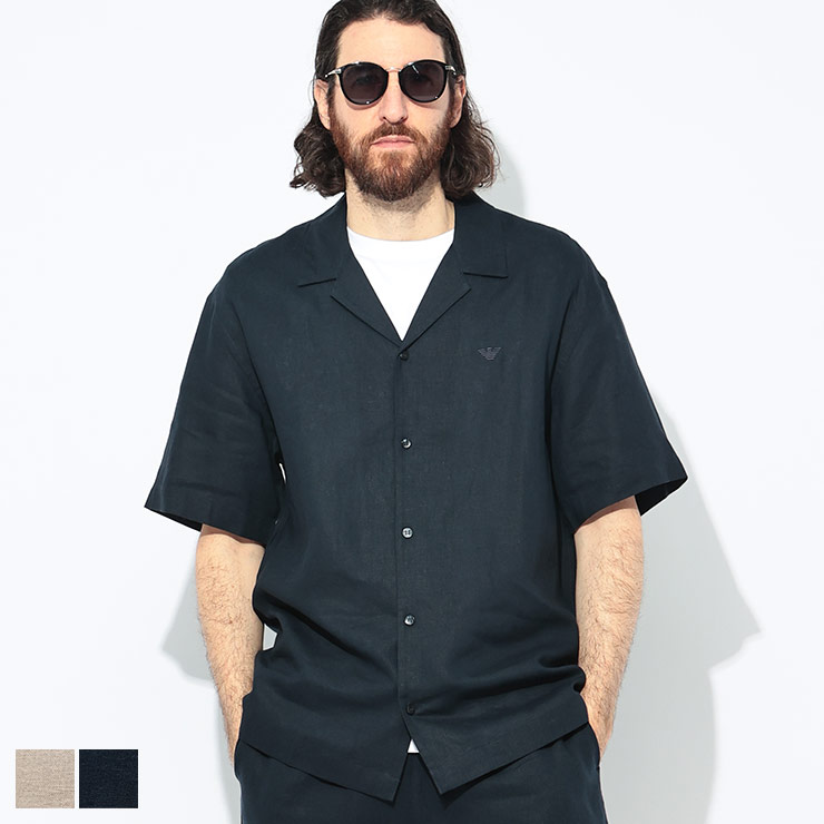 エンポリオアルマーニ EMPORIO ARMANI リネンブレンド ワンポイント オープンカラー 半袖 シャツ EASEM593AF12356 ブランド メンズ 男性 トップス シャツ 開襟シャツ 麻 リネン 春 夏