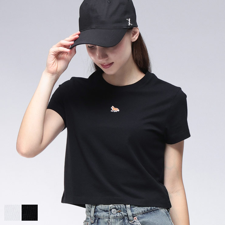 メゾンキツネ Tシャツ トップス Maison Kitsune レディース 半袖 カットソー 短丈 ショート丈 クロップド ワンポイント クルーネック キツネワッペン BABY FOX BABY KNLPW0111KJ7026 ブランド シンプル 大人 カジュアル