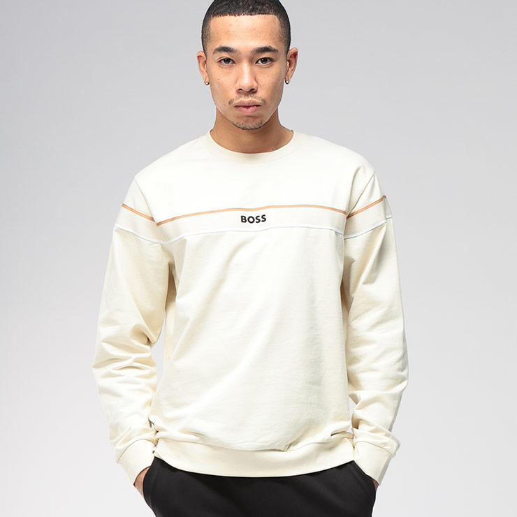ヒューゴボス スウェット メンズ HUGO BOSS ロゴ 無地 シグネチャー ストライプ クルーネック トレーナー プルオーバー HBU50545589 ブランド トップス アイボリー|メンズショップ サカゼン