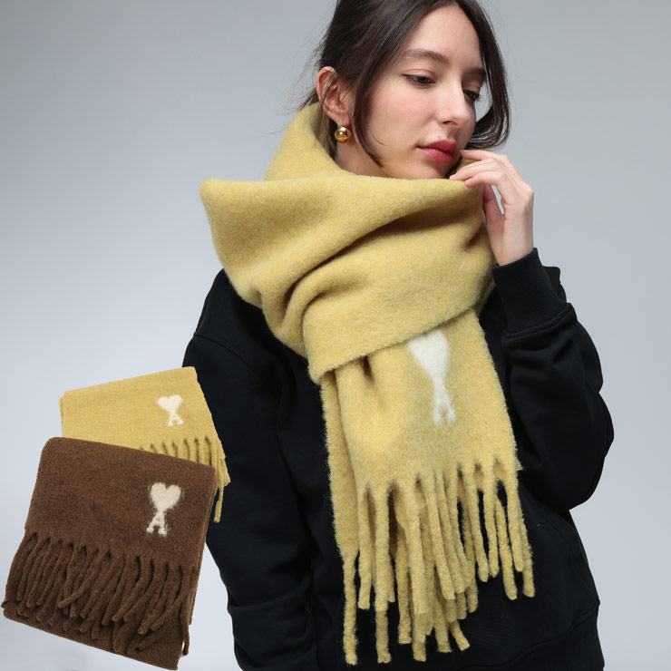 アミパリス マフラー レディース AMI PARIS アルパカ混 オーバーサイズ スカーフ 大判 マフラー Ami De Coeur AMLH25USF673AW4 ブランド マフラー ブラウン イエロー プレゼント ギフト