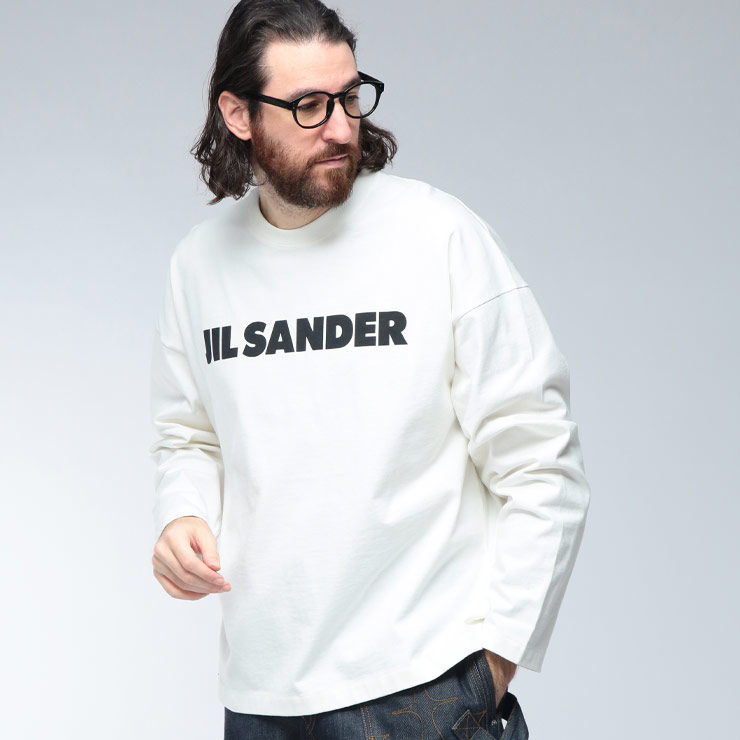 ジルサンダー ロンT メンズ JIL SANDER ロゴ フロントロゴ プリント クルーネック コットン 長袖 Tシャツ JLGC0136J45148 ブランド トップス ホワイト