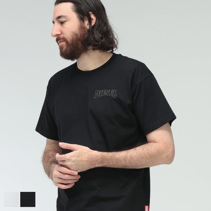 ディーゼル Tシャツ メンズ DIESEL ロゴ ステッチ クルーネック 半袖 コットン Tシャツ DSA22006PLAT ブランド トップス ホワイト ブラック