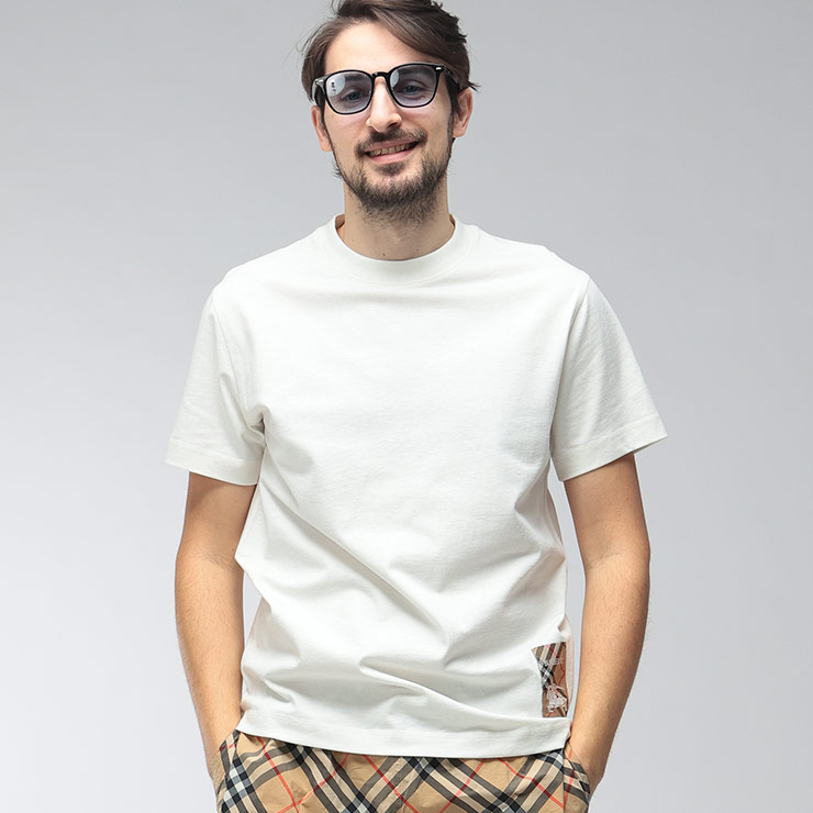 バーバリー メンズ Tシャツ 半袖 BURBERRY ロゴ チェック ラベル クルーネック Tシャツ BB81022541 ブランド トップス ホワイト