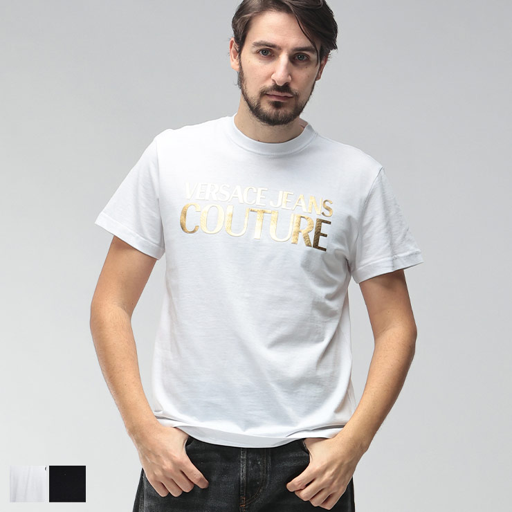 ヴェルサーチェ ジーンズ クチュール メンズ Tシャツ 半袖 VERSACE JEANS COUTURE ゴールドロゴ プリント クルーネック カットソー VC80GAHT00 ブランド トップス ホワイト ブラック
