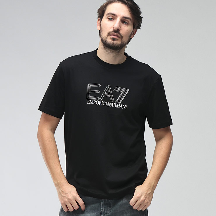 エンポリオアルマーニ メンズ Tシャツ 半袖 EMPORIO ARMANI ロゴ プリント クルーネック コットン カットソー EA7M1307AF10375 ブランド トップス ブラック