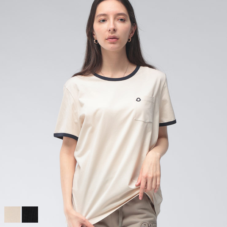 モンクレール レディース Tシャツ 半袖 MONCLER ロゴ ワンポイント ポケット クルーネック コットン カットソー リンガー Tシャツ MCL8C0001989AUO ブランド トップス ホワイト ブラック