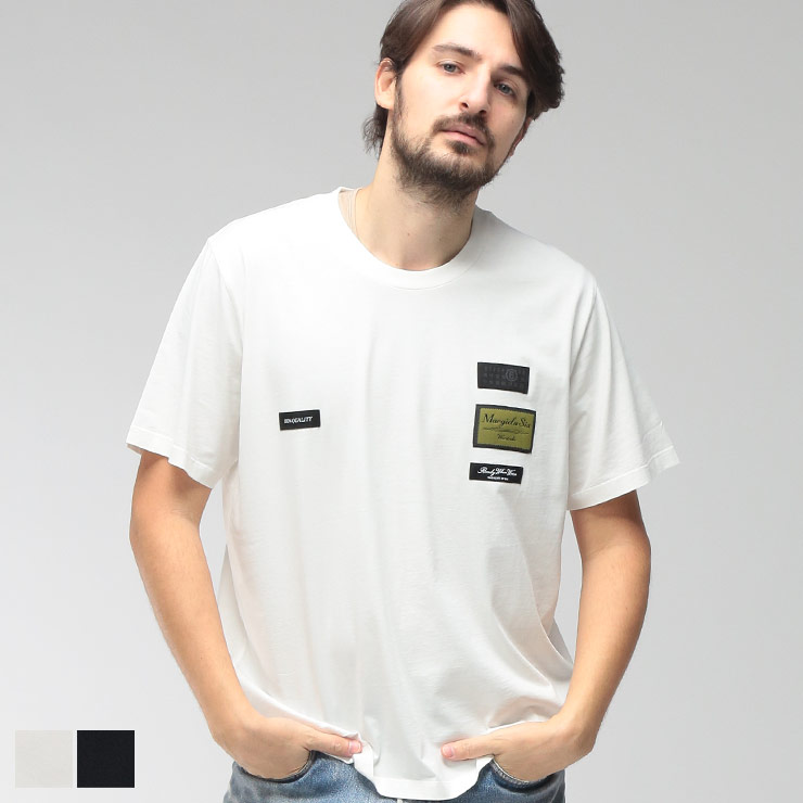 エムエムシックス メゾンマルジェラ メンズ Tシャツ 半袖 MM6 Maison Margiela ロゴ ワッペン クルーネック コットン カットソー MM6GC0069S24311 ブランド トップス ホワイト ブラック
