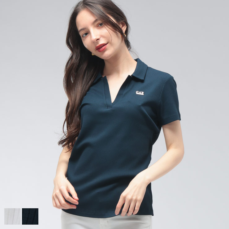 エンポリオアルマーニ EMPORIO ARMANI レディース ポロシャツ 半袖 スキッパー EA7 プレート ロゴ リブ スキッパー 半袖 ポロ EA7LW490AF12654 ブランド トップス カットソー スポーツ 春 夏