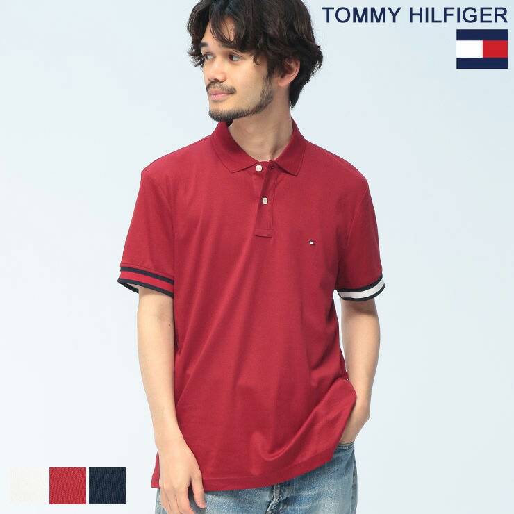 ポロシャツ 半袖 メンズ 袖ライン ロゴ シャツ RWB CUFF LIQUID COTTON SLIM POLO トップス コットン ポロ 春 夏 TOMMY HILFIGER (トミーヒルフィガー) MW0MW42743