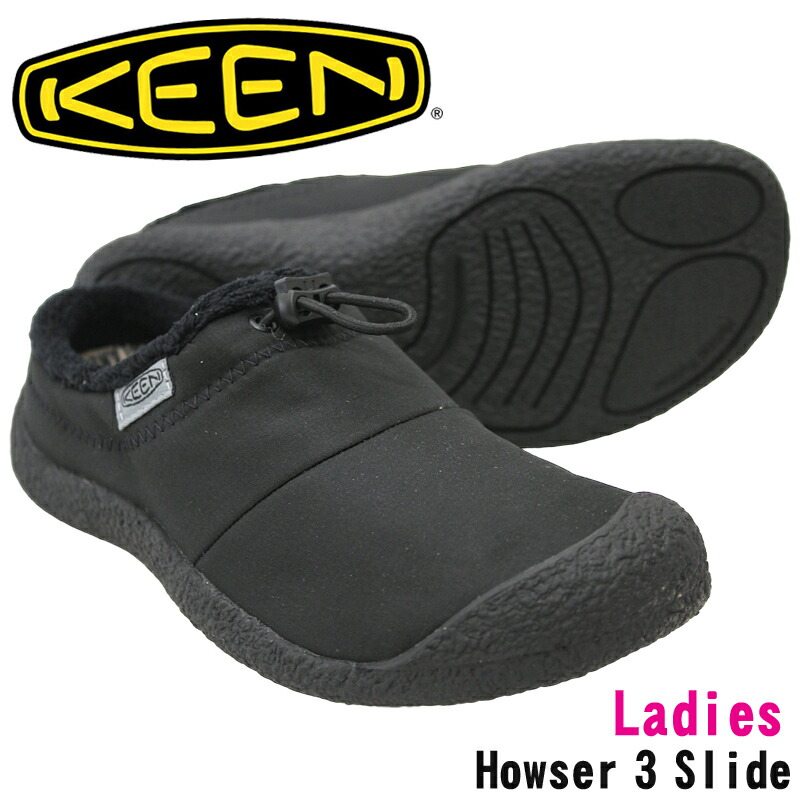 KEEN キーン Howser3 Slide ハウザー3 横すべり 1028162 レディース リラックスクロッグシューズ Black Smooth Nylon お上さん お坊っちゃん キャンプシューズ アウトドア 執務室履き お部屋シューズ 黒いこと 一般受け青写真