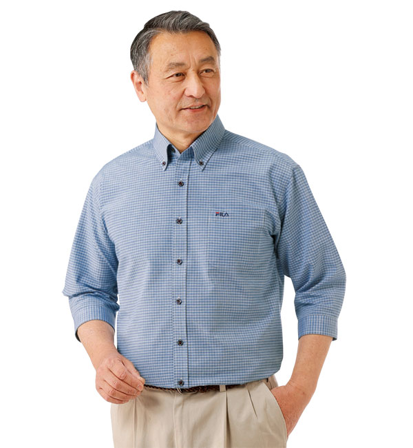 楽天市場 7分袖チェックシャツ 2色組 Fila メンズ 七分袖 オックスフォード ボタンダウン 袖カフス 胸ポケット 春夏 50代 60代 エムスリー