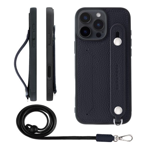 HANATORA for iPhone 16ProMax ケース 本革 耐衝撃 背面ベルト ストラップリング スマホケース スマホ スタンド機能 ネックストラップ 付き カードポケット シュリンクレザー ギフト ネイビー CGH｜まばし商店