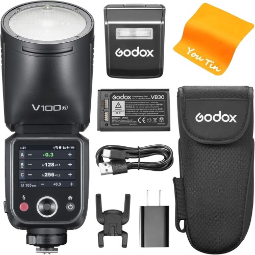 Godox V100-N V100N TTL 写真機閃光電球、Godox V1Pro-N 引きあげる点数、OLED映写幕とSU-1、2.4G HSS 1/8000S リチウムイオン7.2V/2980mah、Godox V100N ニコン写真機用100wsラウンドヘッドフラッシュ
