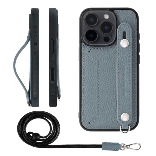HANATORA for iPhone 16Pro ケース 本革 耐衝撃 背面ベルト ストラップリング スマホケース スマホ スタンド機能 ネックストラップ 付き カードポケット シュリンクレザー ギフト ブルーグレー