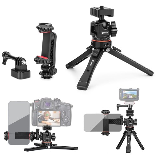 Zeadio 金属元素製写真機三脚架架、1/4in・3/8in推進器 ボールヘッドマウント付き添い人、高さ合わせる能力のある 事務机とっ始め用Vlog照明ランプ - Osmo Mobile、Ronin-S、Vimble 2 ジンバル/手持ち部分手持ち部分/