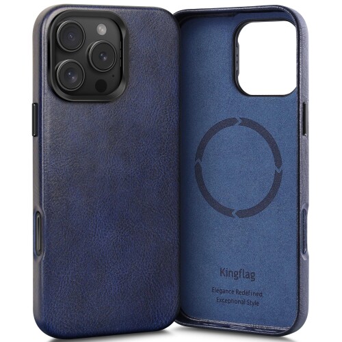 Kingflag iPhone 16 Pro用 本革なめし革入れもの 合わせる能力のあるな包みかくし照明ランプ MagSafe相応う ヴィンテージ風の質感油絵の具蝋涙産業牛皮 水晶体保護すること 金属元素名取り草とカメラベゼル ネイビーブルー