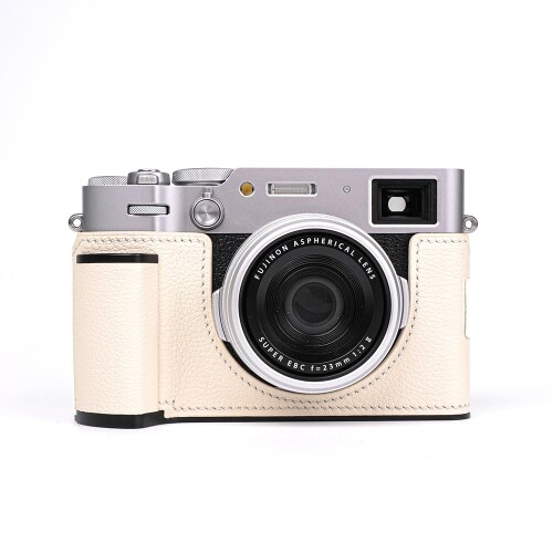 相応う Fuji 富士 X100VI 専用 写真機入れもの 写真機押しかぶせる 写真機御徒面子 本革 頭層牛皮本体+金属元素軍事基地一皿+手持ち部分の3-インチ-1青写真 (Creamy white)
