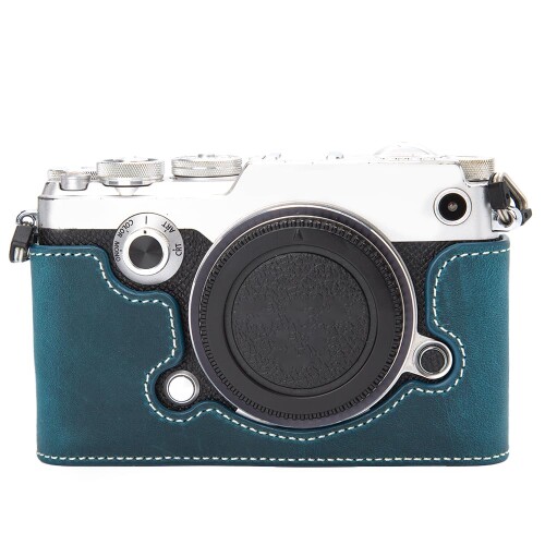 OLYMPUS PEN-F M43専用 レトロな本革（牛皮）手作りの二分の一容れもの 写真機保護すること取りまかなう パウダーコンパクト心積もり、三脚架据え置き能力のある、キズ・摩り切れる押しとどめる (Crazy Horse Blue)
