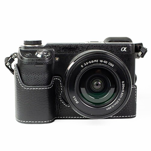 NEX-6専用レトロな本革（牛皮）手作りの二分の一入れもの 写真機保護すること押しかぶせる当て嵌めるSONY NEX-6 パウダーコンパクト腹積もり 三脚架据え置き能力のあるキズ・擦り切れる押しとどめる (黒いこと)