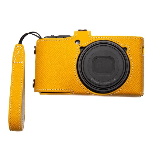 Ricoh GR3に相応うの手作り本革ヴィンテージスタイルカメラボディケース 手の指ダンス楽隊付き添い人 (檸檬黄色)