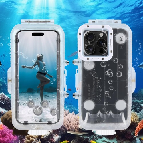 PULUZ iPhone 16 Pro Max 用防水ケース 40m/130ft IPX8潜水ケース16 Pro Max用強化ガラス+PC+ABS素材 360度全面保護 耐衝撃 防塵 携帯電話水中ハウジングカバー 水中撮影/ダイビング/サーフィン/シュノー