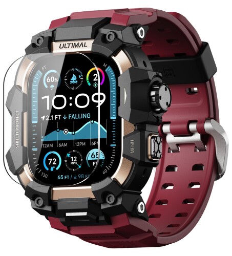 ULTIMAL に対応 Apple Watch Ultra 3/Ultra 2/Ultra（49mm）用 バンド一体型保護ケース 強化ガラスフィルム付き TPU 耐衝撃 高耐久 簡単装着 通気性 アウトドア/スポーツ向け ワインレッド