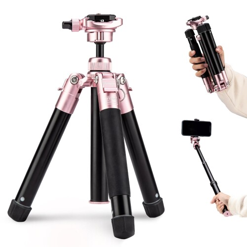 Fotopro 152CMミニ三脚軽量コンパクトトラベル三脚360度ボールヘッド電話マウント着脱式自撮り棒カメラフォン三脚最大荷重4KG Free-1 桜色