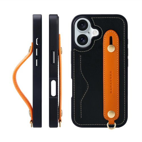 HANATORA for iPhone 16 ケース 本革 耐衝撃 背面ベルト ストラップリング スマホケース スマホ スタンド機能 ネックストラップ 付き イタリアンレザー ギフト ブラック+オレンジ CGH-16-Black-OG