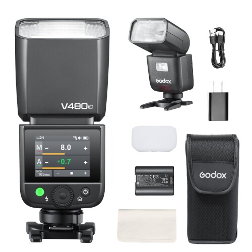 Godox V480-F 写真機閃光電球 富士フイルム用 TTL GN50 タッチスクリーン 1.7秒再利用ひと休み 650フルパワーフラッシュ 内蔵LEDモデリング照明ランプ 2.4G X無線電話 1/8000秒 HSS