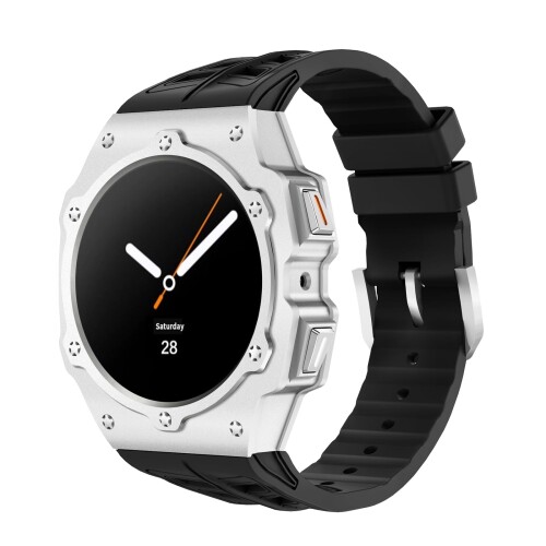 高級メタルケースSamsung Watch Galaxy 8 44mm シリコン バンド付きバンパーケース メンズ 耐衝撃性頑丈なメタルカバー Galaxy 8 44mm 用保護ケース(44mm, 銀)